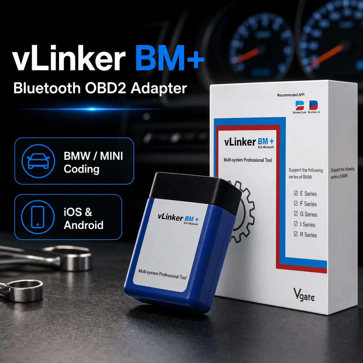 vLinker BM+ Bluetooth OBD2 adapter and retail box for BMW/MINI coding, shown on a dark automotive-tech background with icons for iOS and Android.